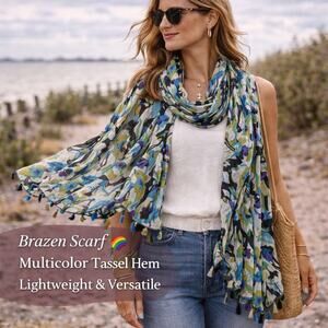 Brazen Scarf Wrap Multicolor Tassel Hem Boho Lightweight Layering